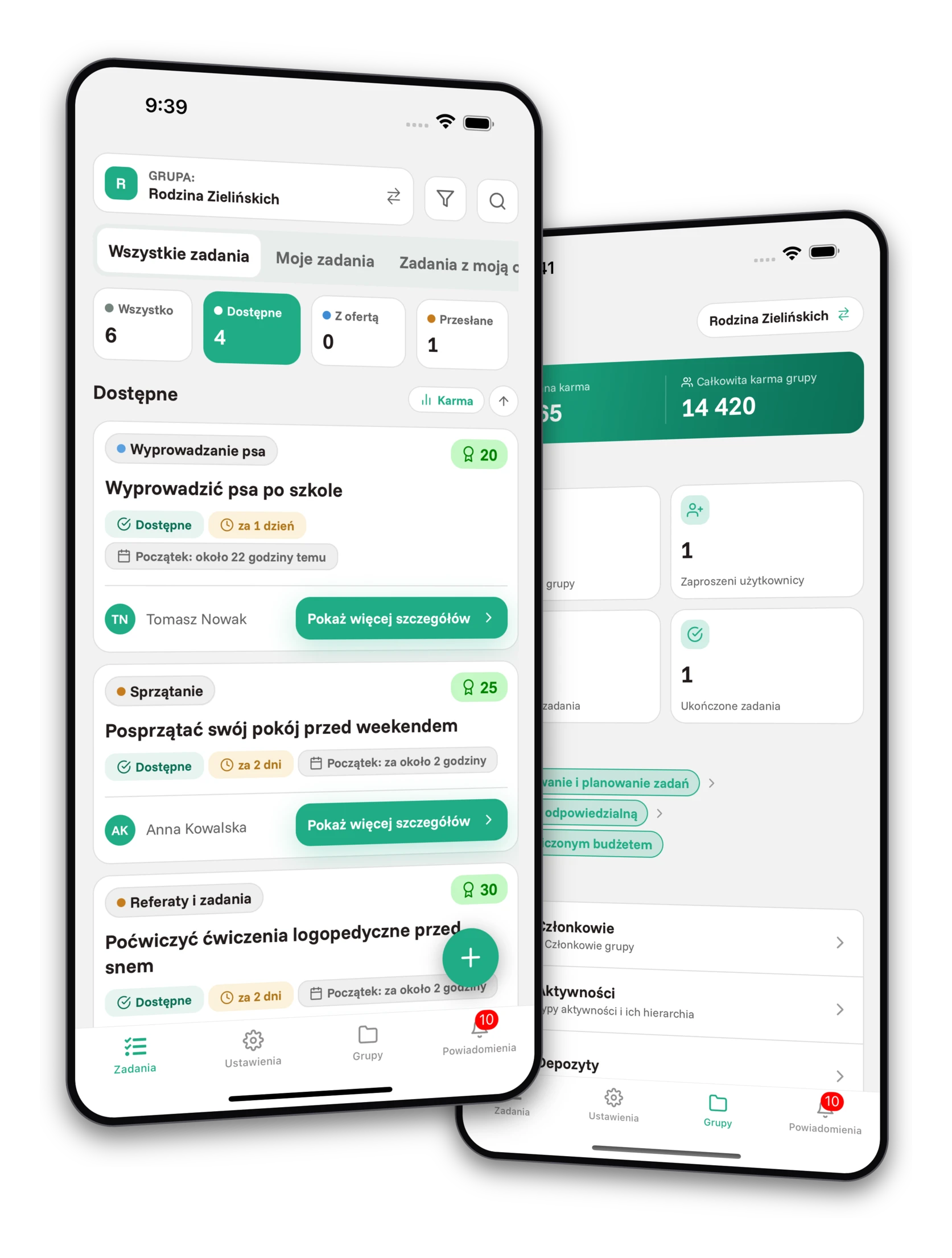 Zestaw screenshotów aplikacji Jobiro - Podgląd prywatnych grup dla rodziców.