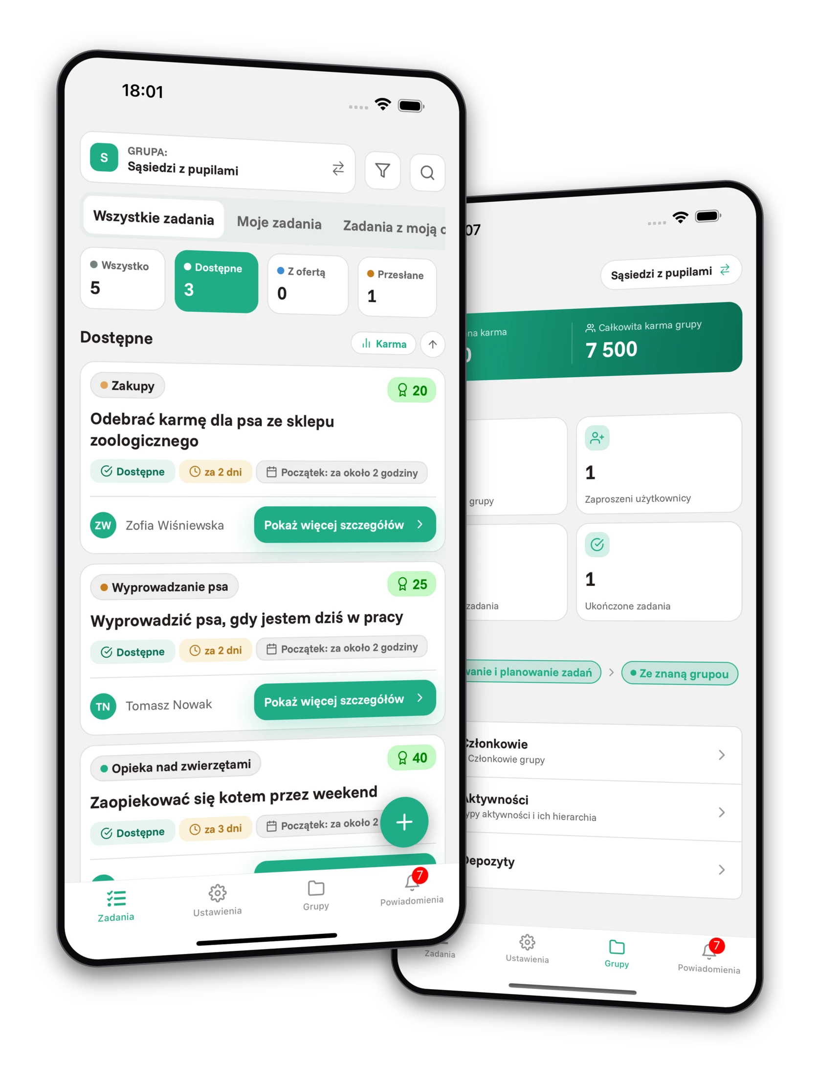 Zestaw screenshotów aplikacji Jobiro - Podgląd prywatnych grup dla właścicieli zwierząt.