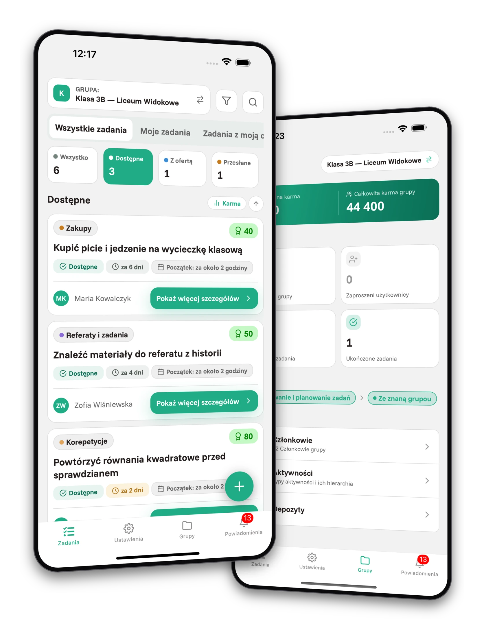 Zestaw screenshotów aplikacji Jobiro - Podgląd prywatnych grup dla uczniów szkół średnich.