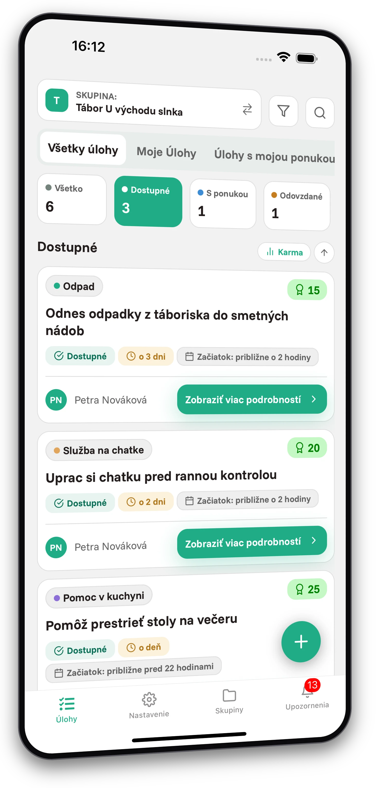 Sada screenshotov z aplikácie Jobiro - Ukážka súkromných skupín pre organizátorov táborov. - Screenshot 1
